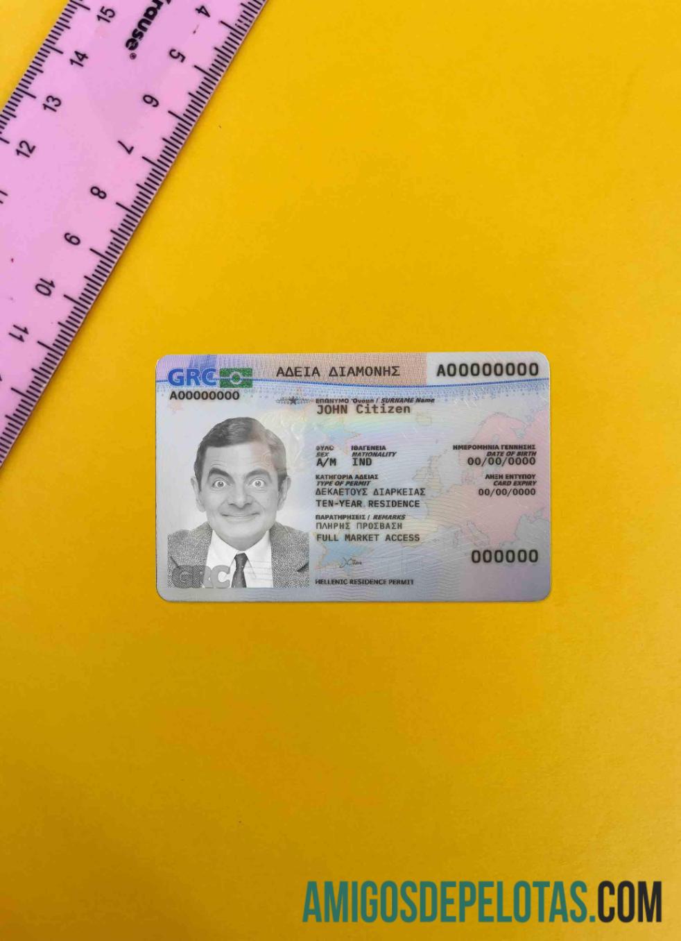 Greece Residence Permit Card olhar de foto frente amostra